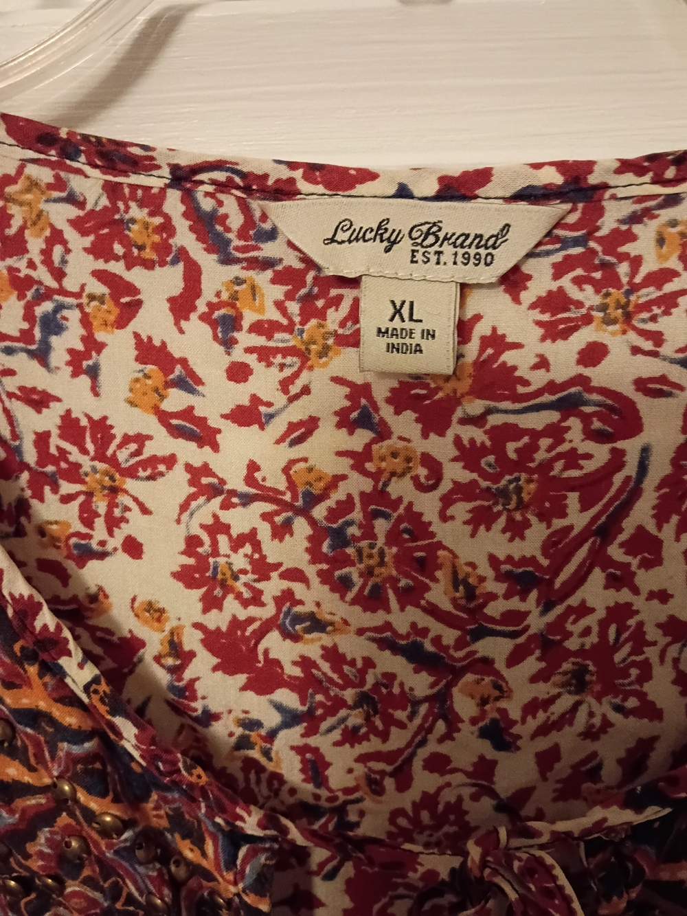 Lucky Brand Red Multi Boho Tie-Front Cap Sleeve Blouse - Picture 3 of 6